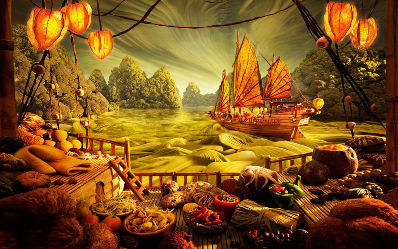Digital art fantasy art food trees sailing ship wood vegetables fruit clouds leaves 1920x1200.thumb